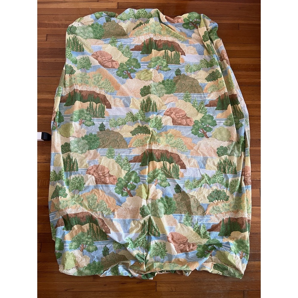 70's Marlborough Island Streams Forest FULL FITTED SHEET Muslin VTG